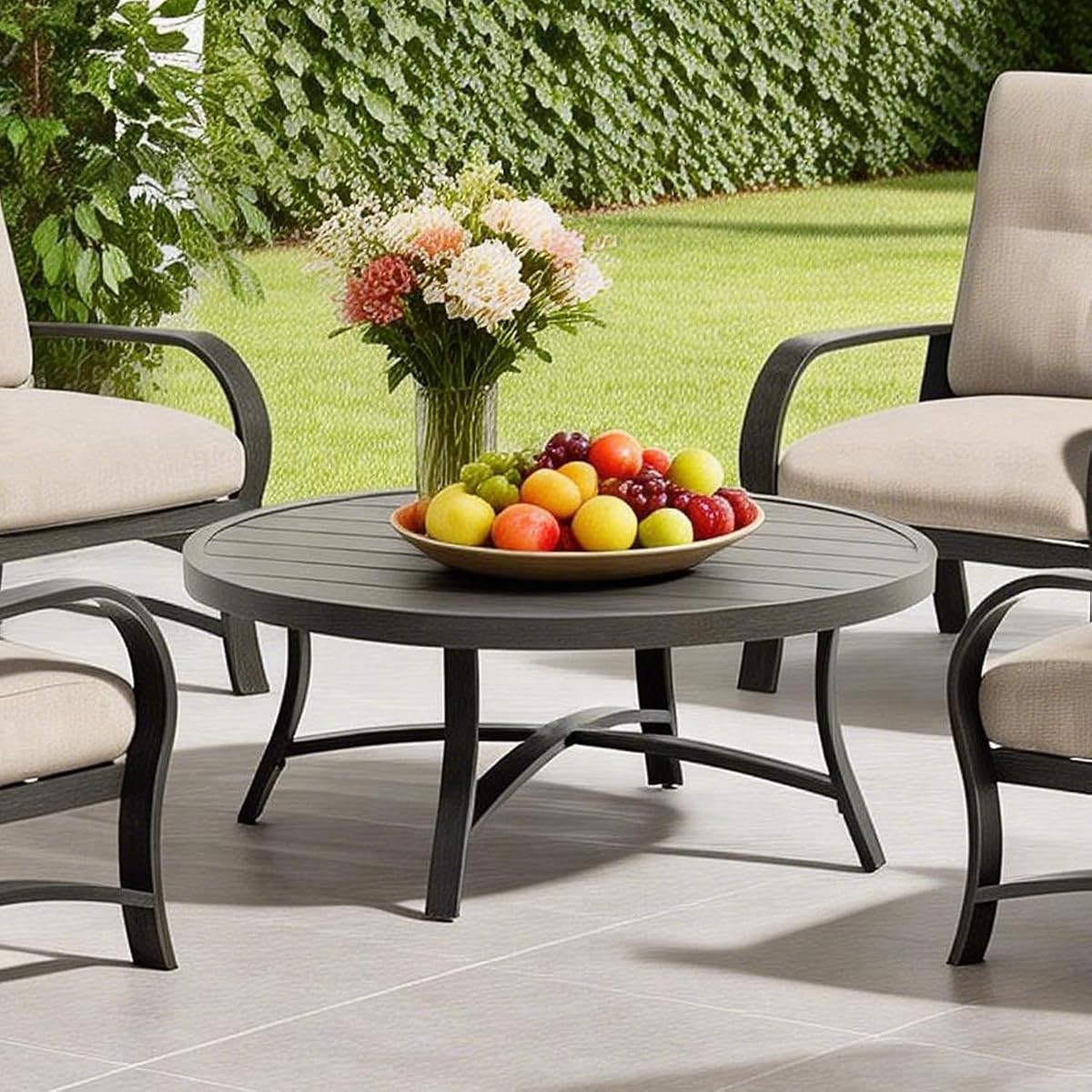 45-Inch Round Patio Coffee Table, Durable Aluminum Outdoor Side Table with Weather-Resistant Design for Garden, Deck, or Backyard