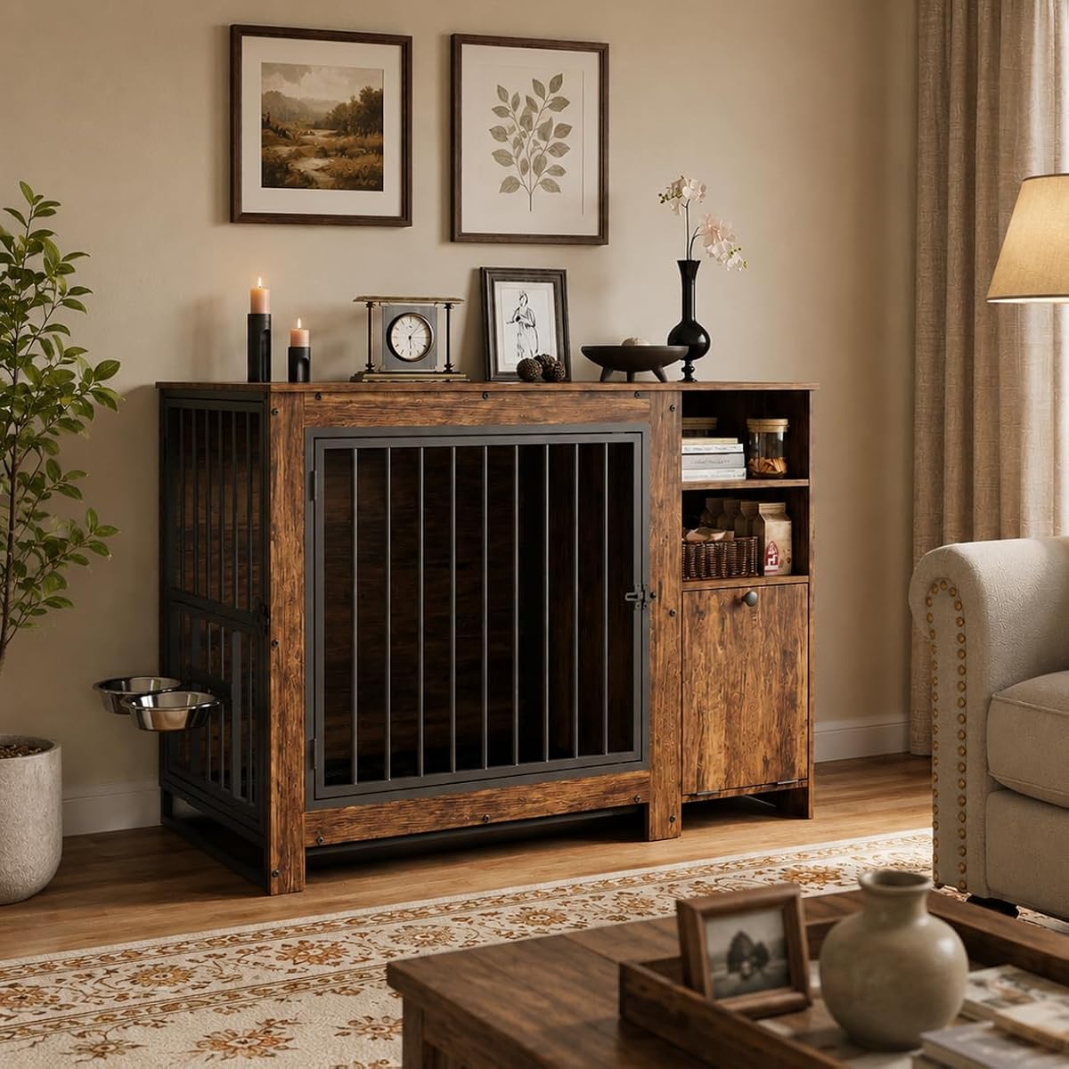 45.3" Dog Crate Furniture with Removable Tray and Rotating Bowls