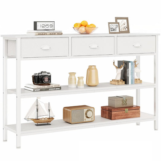 White Long 47" Console Sofa Table with 3 Drawers, Entryway Table with 3-Tier Storage Shelves, Display Shelf for Entry Way, Hallway, Couch, Living Room, Kitchen, Foyer