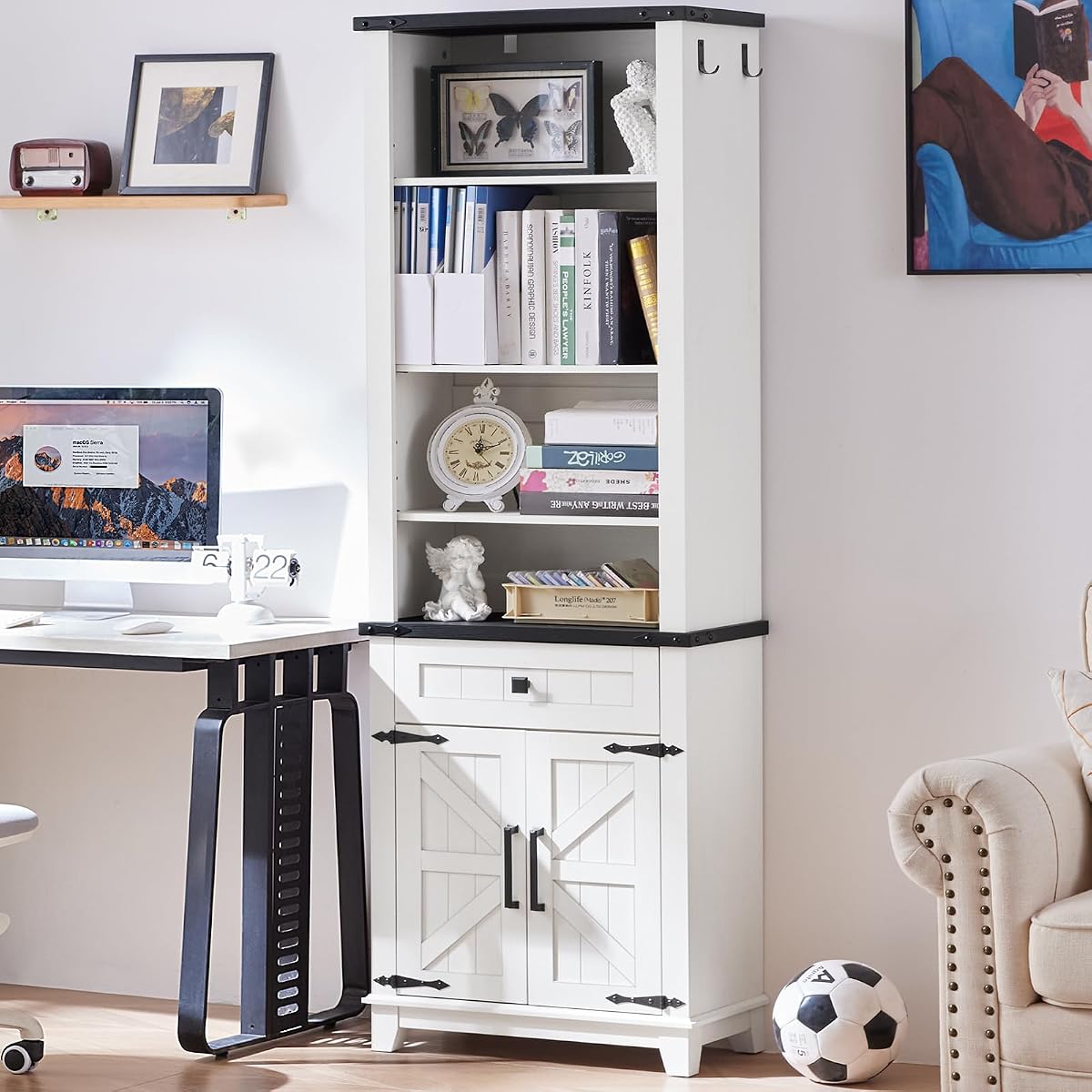 72in Tall Bookshelf 7 Tier Bookcase with Drawer and Barn Doors and Adjustable