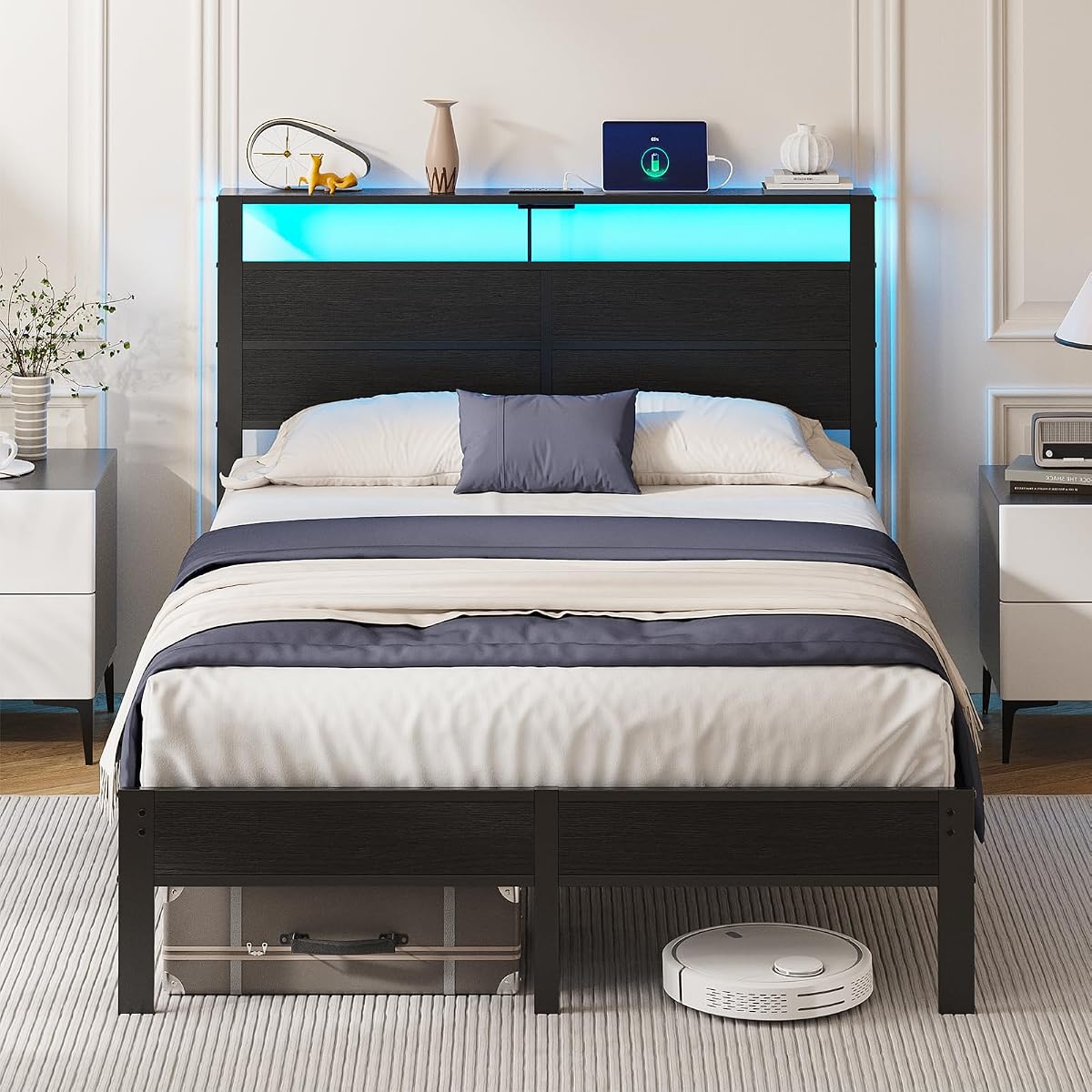 Full Size Metal Bed Frame with Storage Headboard, LED Lights