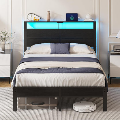 Full Size Metal Bed Frame with Storage Headboard, LED Lights