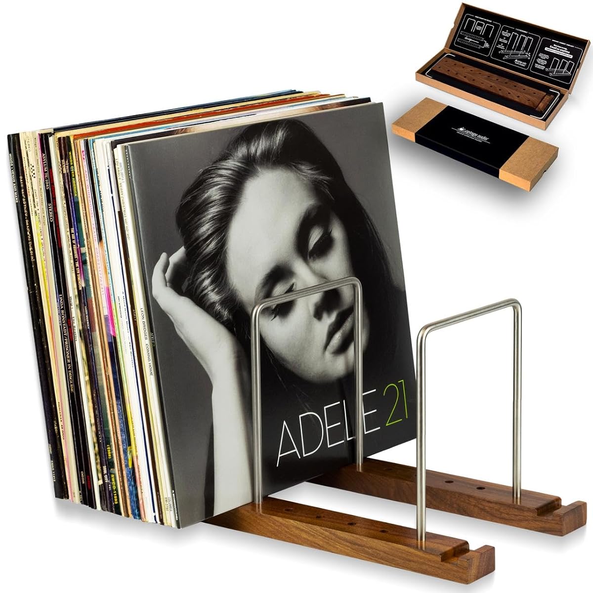 Vinyl Record Storage Holder, 75 LPs, Solid Walnut & Steel