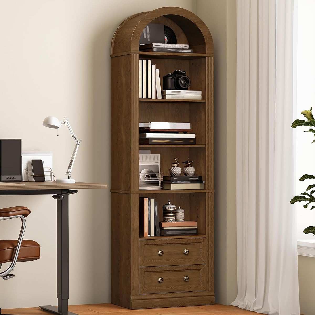 Tall Narrow Bookshelf, Arched Bookshelf with 2 Drawers, 7-Tier