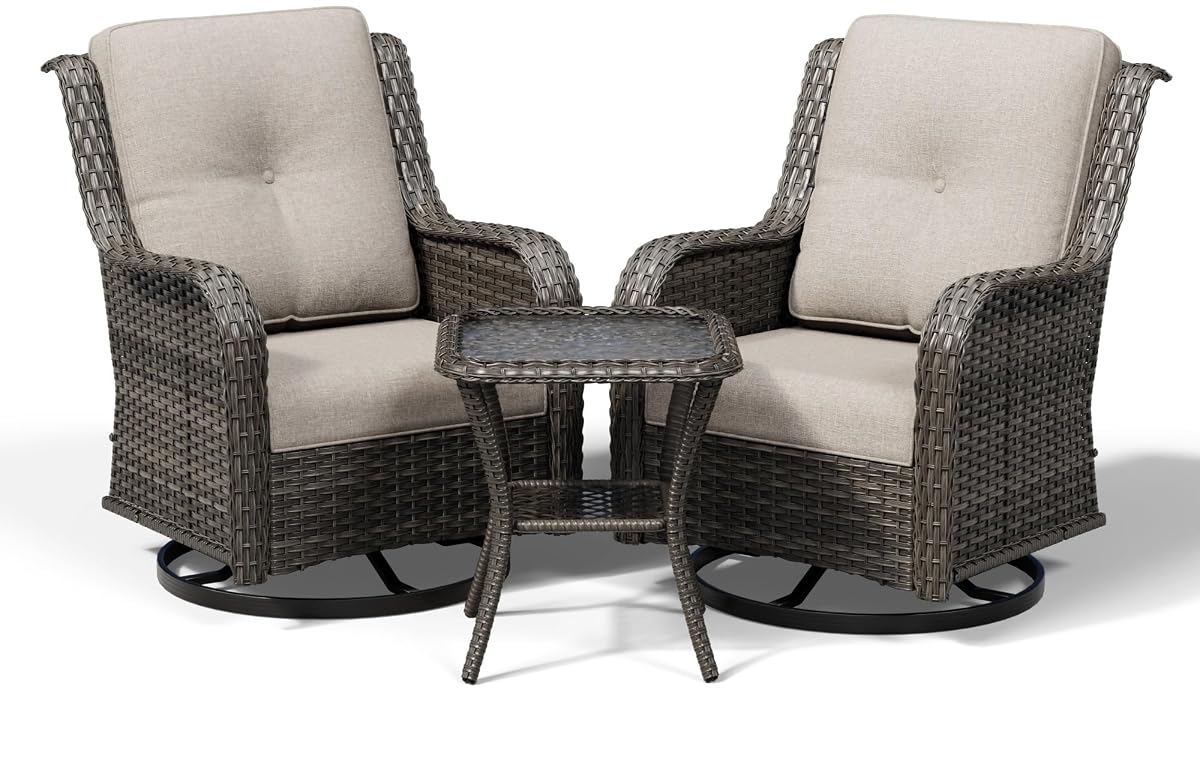 3 Piece Wicker Patio Furniture Set, Outdoor Swivel Rocker Patio Chairs with High Back, Deep Seating, Wide Armrest, Thickened Cushions, Outdoor Furniture for Deck, Porch Use