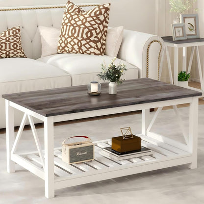 Farmhouse Coffee Table, White Oak Coffee Table for Living Room, 2-Tier Rectangular Wooden Centre Cocktail Table with Slats Shelf Storage and V-Shaped Frame Modern Coffee Oak Grey