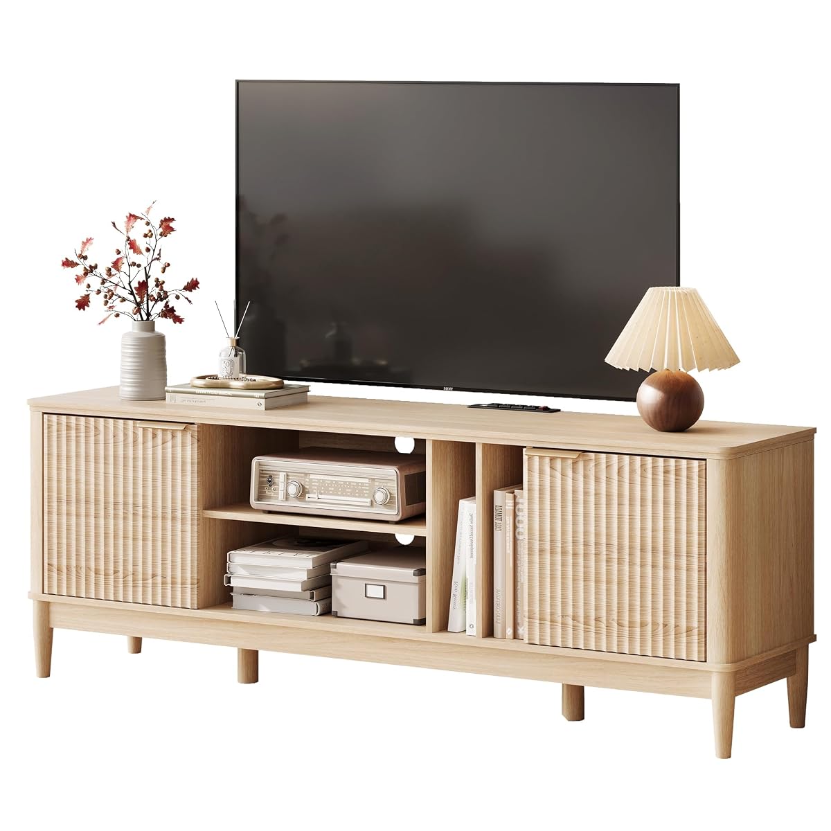 Mid Century Modern Fluted TV Stand for 75" TV, Natural Oak