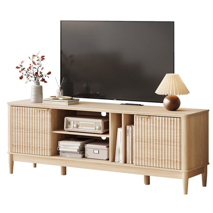 Mid Century Modern Fluted TV Stand for 75" TV, Natural Oak