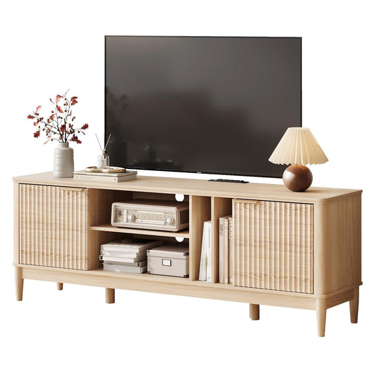 Mid Century Modern Fluted TV Stand for 75" TV, Natural Oak