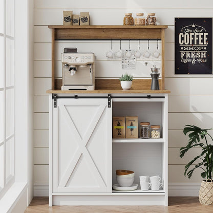 31" Farmhouse Coffee Bar Cabinet with Storage Hutch, White
