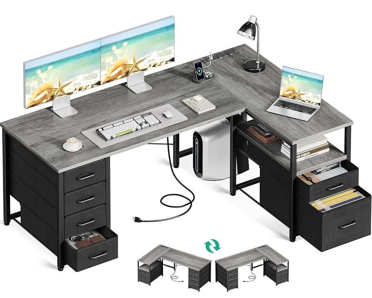 55 Inch L Shaped Office Desk with 6 Drawers, Power Outlet, Grey