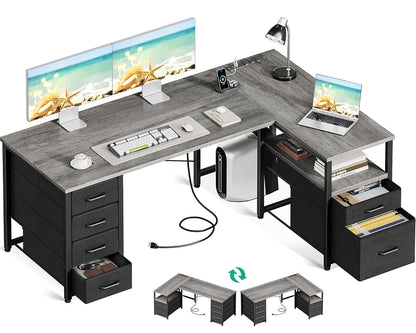55 Inch L Shaped Office Desk with 6 Drawers, Power Outlet, Grey