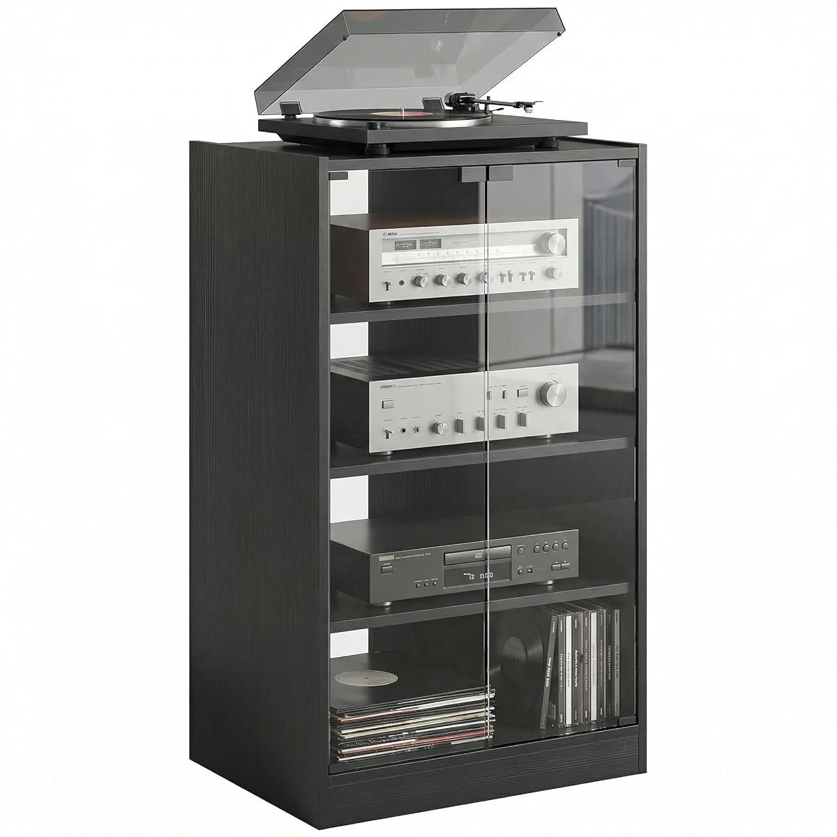 Media Cabinet 4-Tier Stereo Cabinet with Glass Door Black