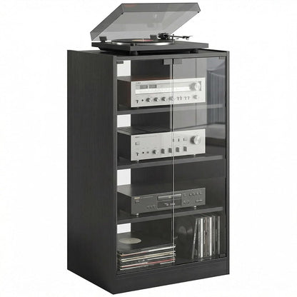 Media Cabinet 4-Tier Stereo Cabinet with Glass Door Black