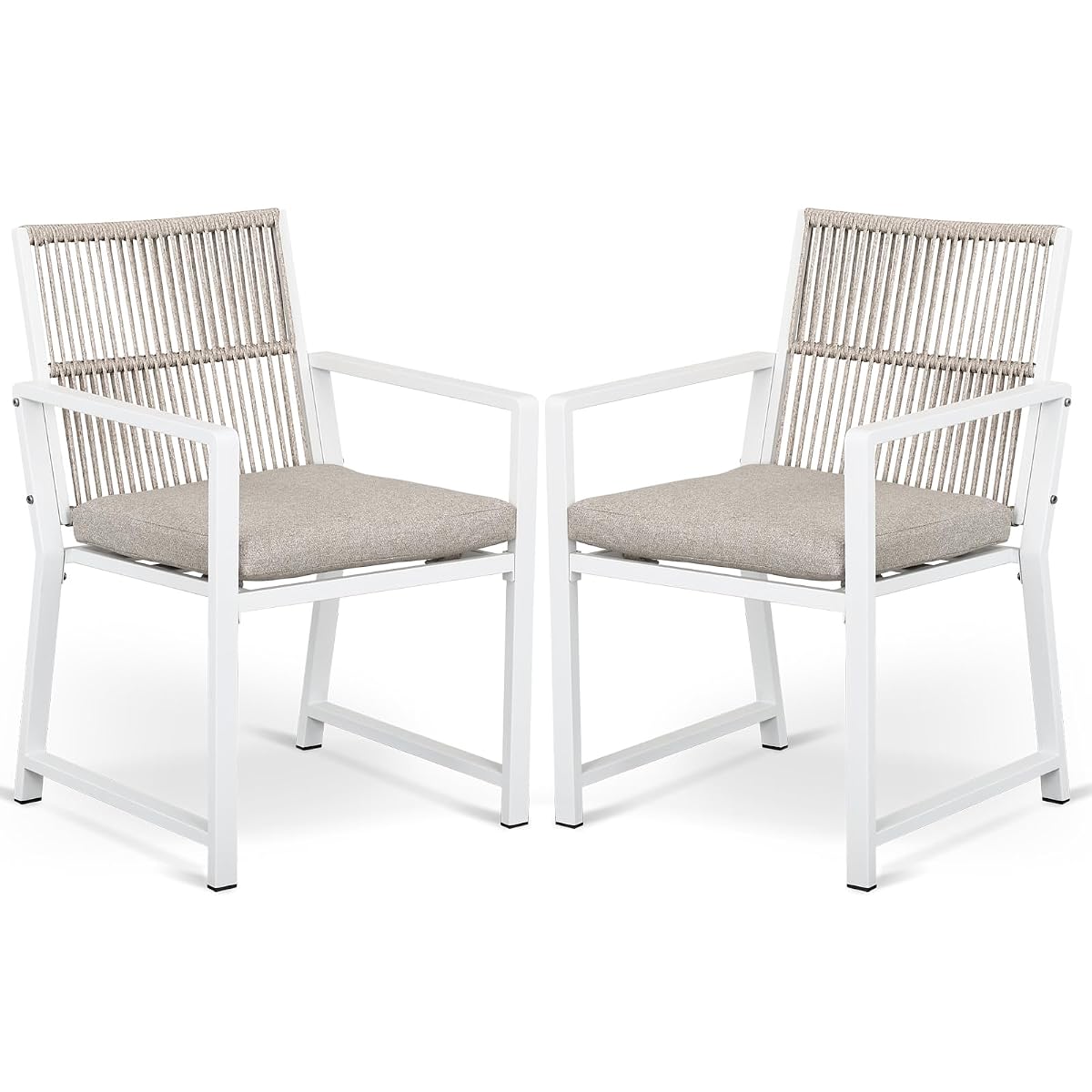 Outdoor Patio Dining Chair, All-Weather Woven Rope Outdoor Chairs Set of 2, Sturdy Steel Frame, 400 lbs, Ergonomic Backrest, Removable Breathable Cushion, for Patio & Garden, White
