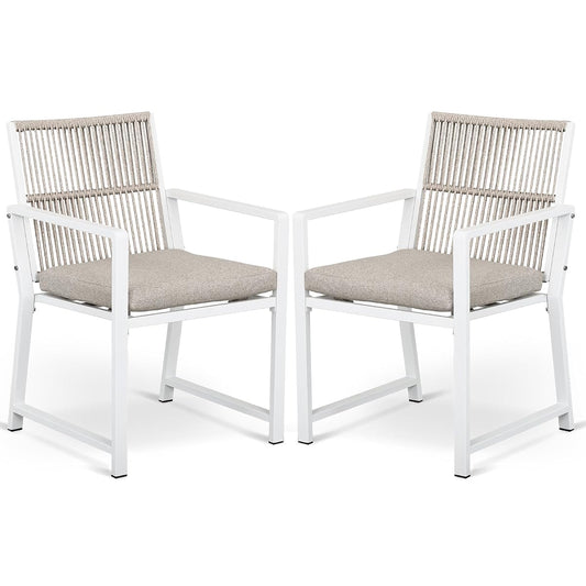 Outdoor Patio Dining Chair, All-Weather Woven Rope Outdoor Chairs Set of 2, Sturdy Steel Frame, 400 lbs, Ergonomic Backrest, Removable Breathable Cushion, for Patio & Garden, White