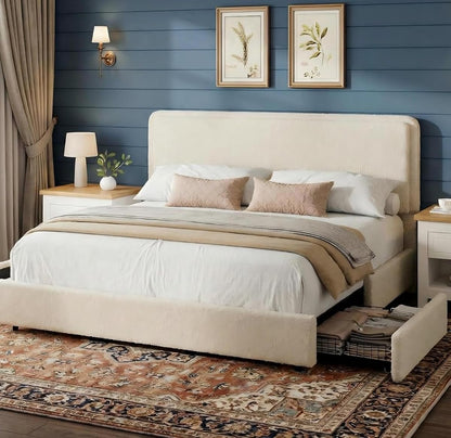 Bed Frame with 2 Storage Drawer, Cream Beige, King