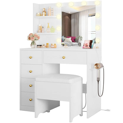 Vanity Desk with Mirror and Lights, White