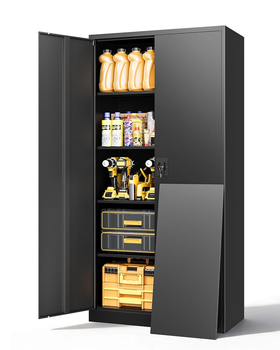 Metal Storage Cabinet with Locking Doors, Tall Cabinets for Home, Office, Warehouse Organizer (Black)