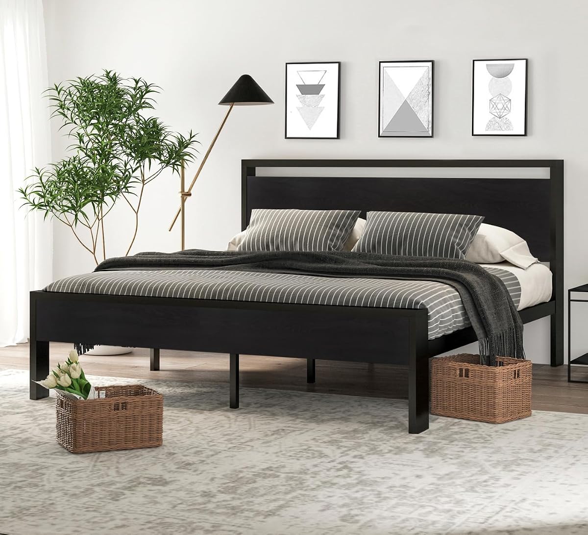 14 Inch King Size Metal Platform Bed Frame with Wooden Headboard and Footboard