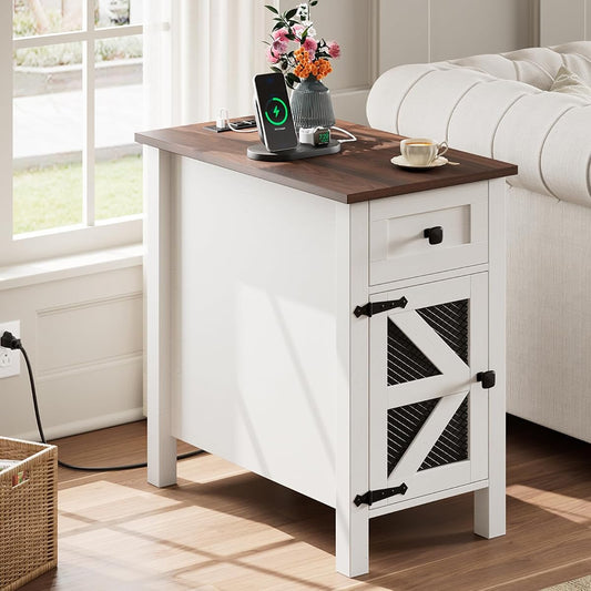 Farmhouse End Table with Charging Station, Narrow Side Tables with Storage | Modern Wooden Nightstand with Power Outlets&USB Ports,White Bedsid Table for Living Room,Bedroom,Metal Grille Door