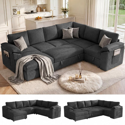 108 Inch Sectional Sleeper Sofa Bed with Pull Out Couch, U Shaped 7 Seat Cloud Modular Sectional Sofa with Storage, Corduroy Sectional Couches for Living Room, Removable Sofa Cover, Dark Grey
