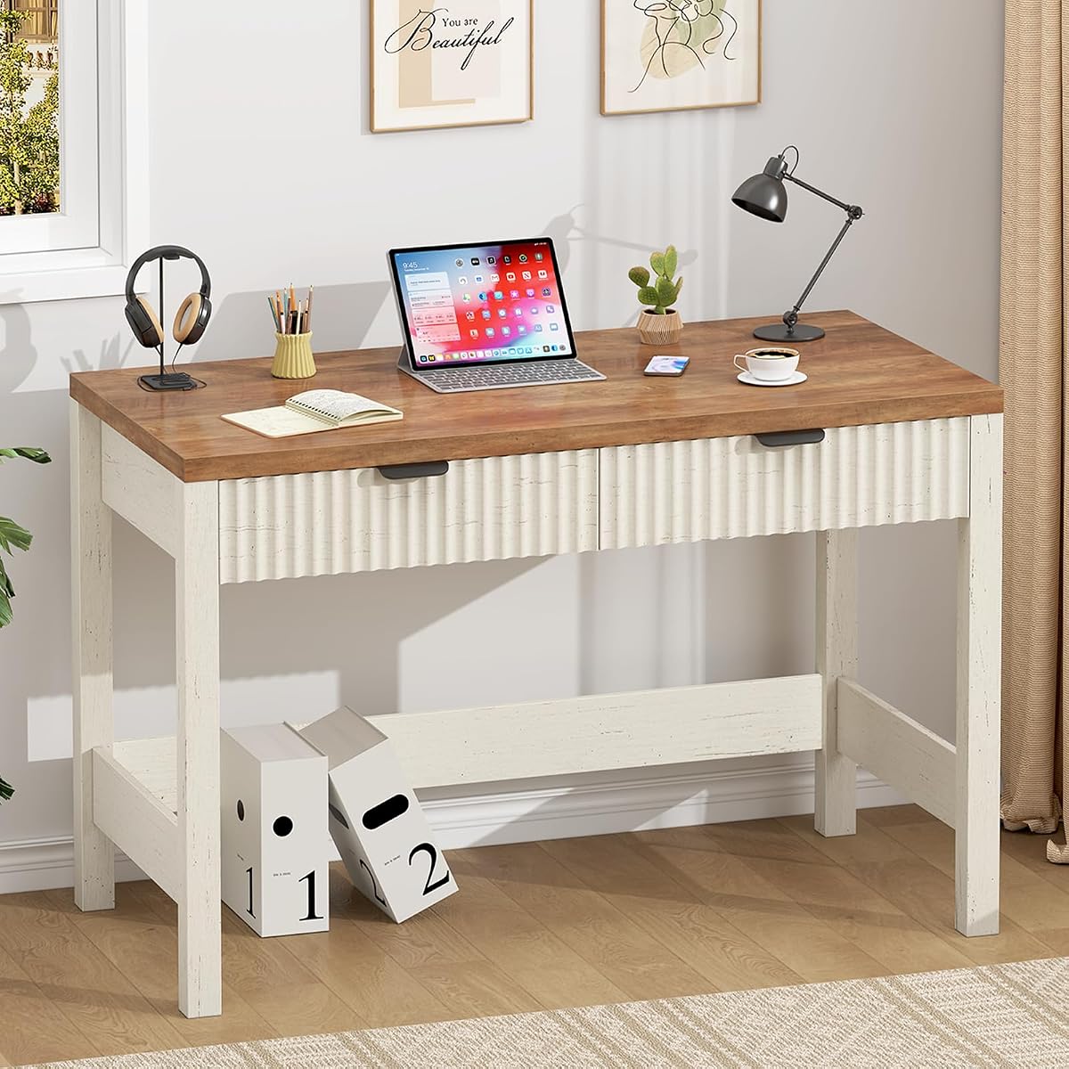 39 Inch Small Fluted Computer Desk with 2 Drawers for Bedroom, Home Office