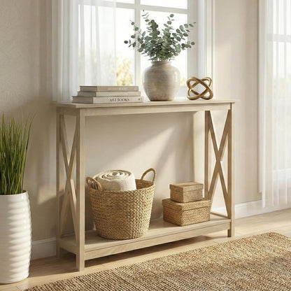 Console Table, Modern Farmhouse Wood Entryway / Sofa Table with 2-Tier Storage, 39 Inch, White Oak