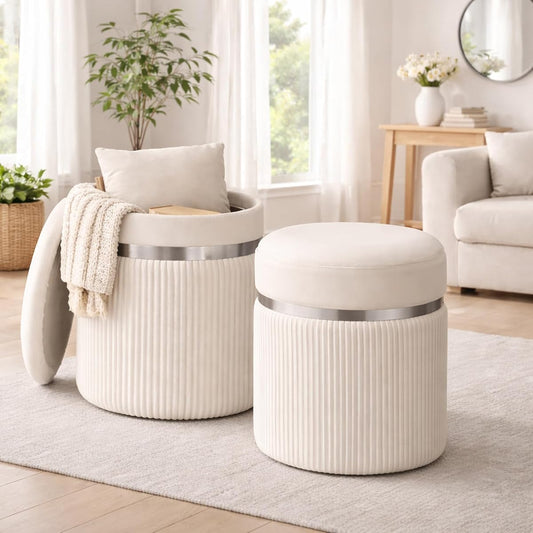 Round Storage Ottoman Set of 2 - White Ottoman with Storage for Living Room - Velvet Vanity Stool and Footrest - Round Nesting Ottoman Stools for Bedroom Makeup Area - Hidden Storage
