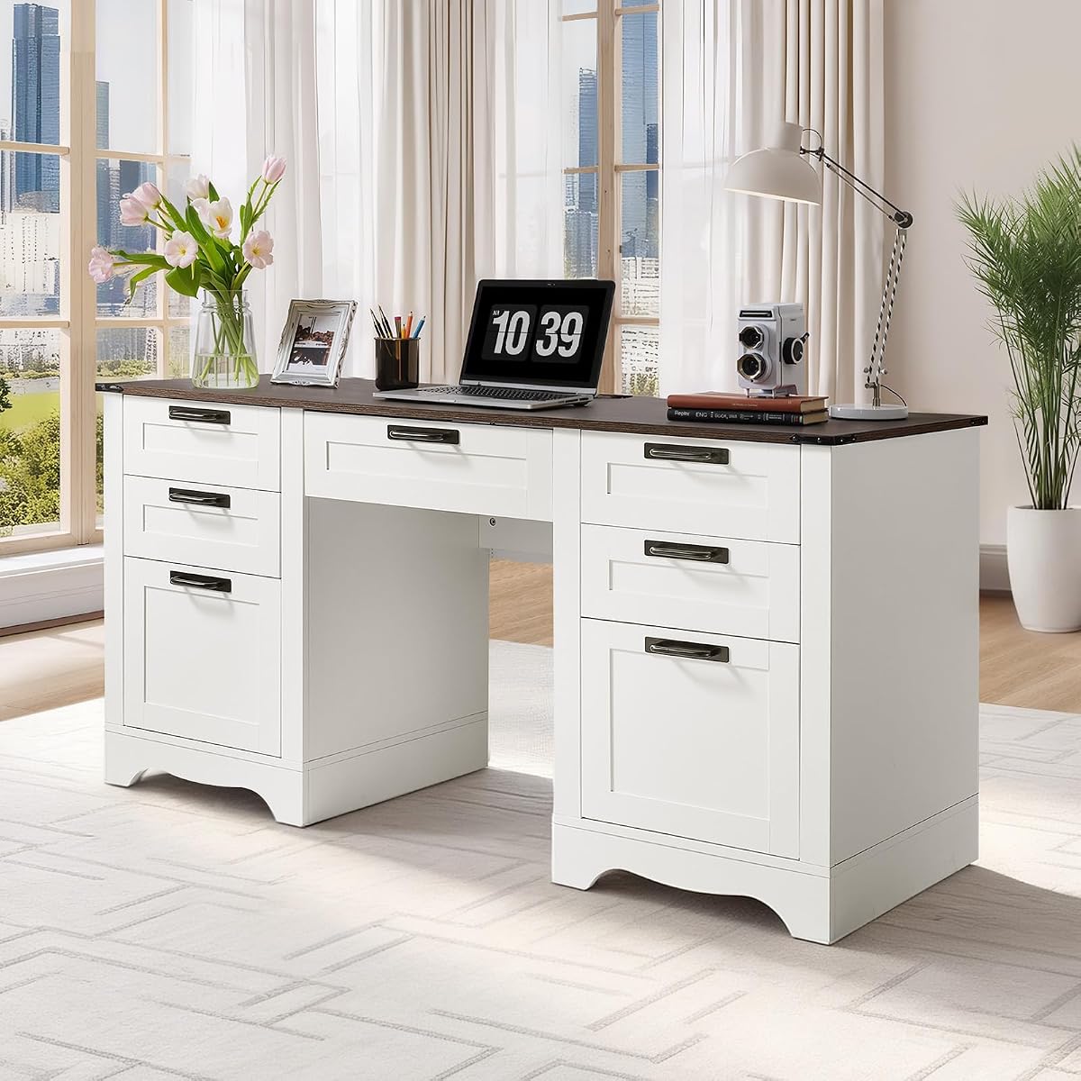60" Executive Desk with Drawers, Farmhouse Home Office Desk with Charge Station