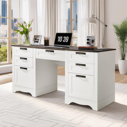 60" Executive Desk with Drawers, Farmhouse Home Office Desk with Charge Station