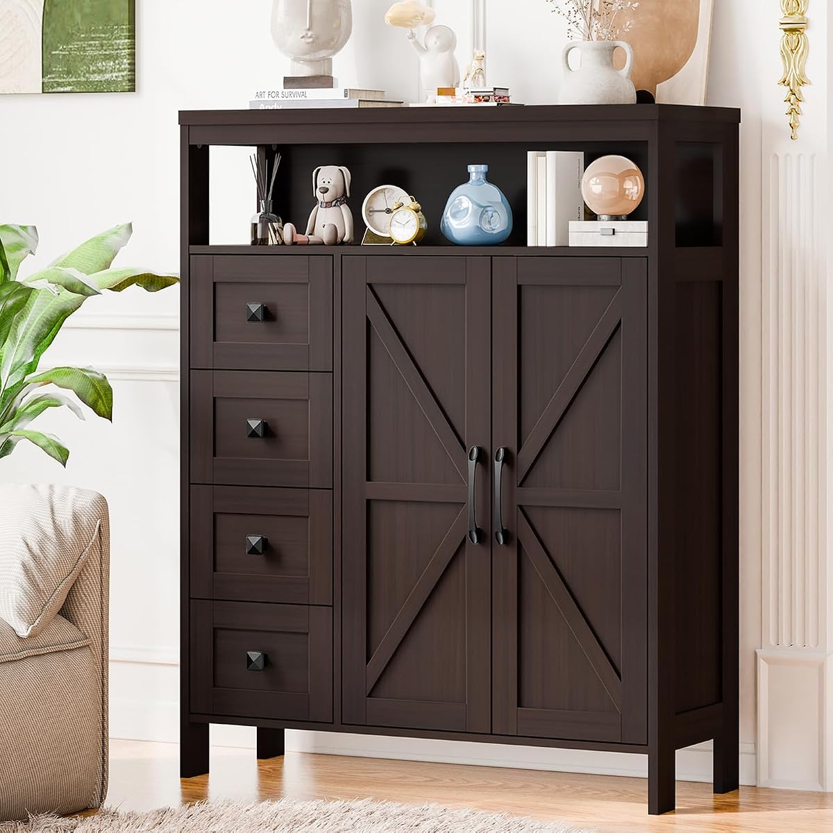 Farmhouse Storage Cabinet with 2 Doors and 4 Drawers, Freestanding Bathroom Compartment Kitchen Pantry Cabinet, Floor Cupboard for Kitchen/Living Room/Bathroom, Espresso