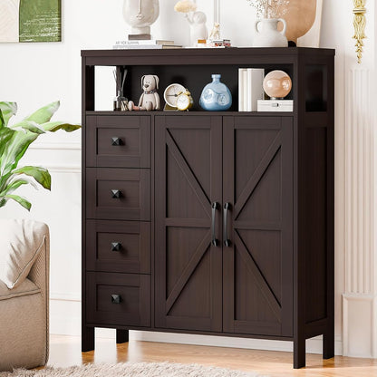 Farmhouse Storage Cabinet with 2 Doors and 4 Drawers, Freestanding Bathroom Compartment Kitchen Pantry Cabinet, Floor Cupboard for Kitchen/Living Room/Bathroom, Espresso