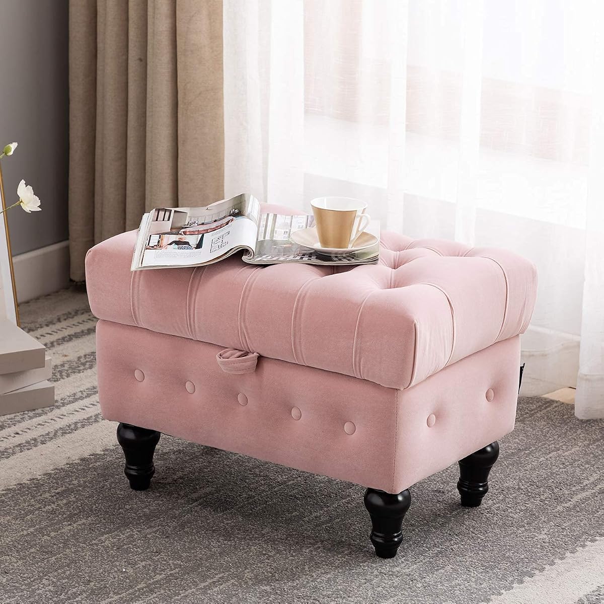 Storage Coffee Table Ottoman, Button Tufted Velvet Upholstery Footstool Bed Ottoman for Living Room, Home Office, Space-Saving Storage Toy Box Stool, Pink