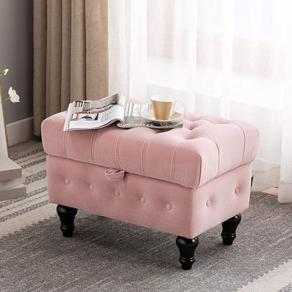 Storage Coffee Table Ottoman, Button Tufted Velvet Upholstery Footstool Bed Ottoman for Living Room, Home Office, Space-Saving Storage Toy Box Stool, Pink