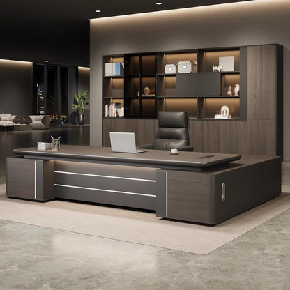 L-Shaped Executive Office Desk with Side Cabinet, Lockable Drawer
