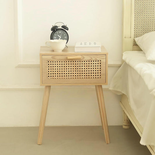 Walnut wood nightstand with rattan drawer and solid wood legs