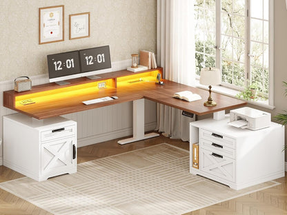 Farmhouse L Shaped Standing Desk, 70.1" x 73.2" Height Adjustable Home Office Executive Desk with Drawers, Power Outlet, Monitor Stand, Sit Stand Table with Led Lights for Home Office, White