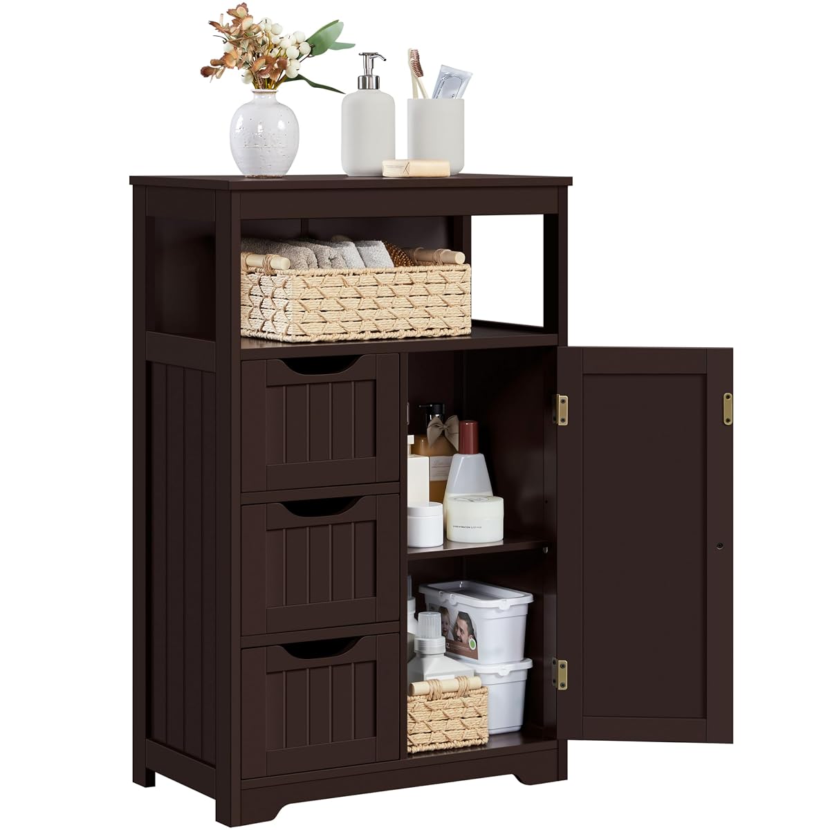 Yaheetech Wood Bathroom Floor Cabinet with 3 Drawers &1 Cupboard, Free Standing Storage Organizer Hallway Entryway Cabinet for Living Room Kitchen, Espresso