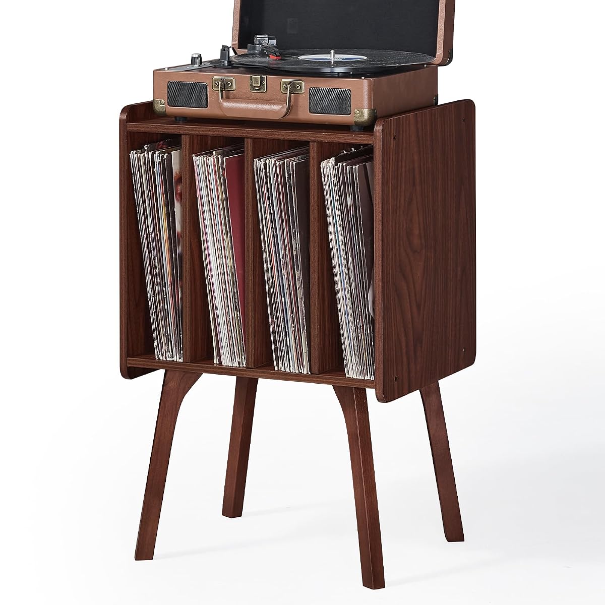 Record Player Stand, Walnut Vinyl Record Storage Table, 4-Cubby