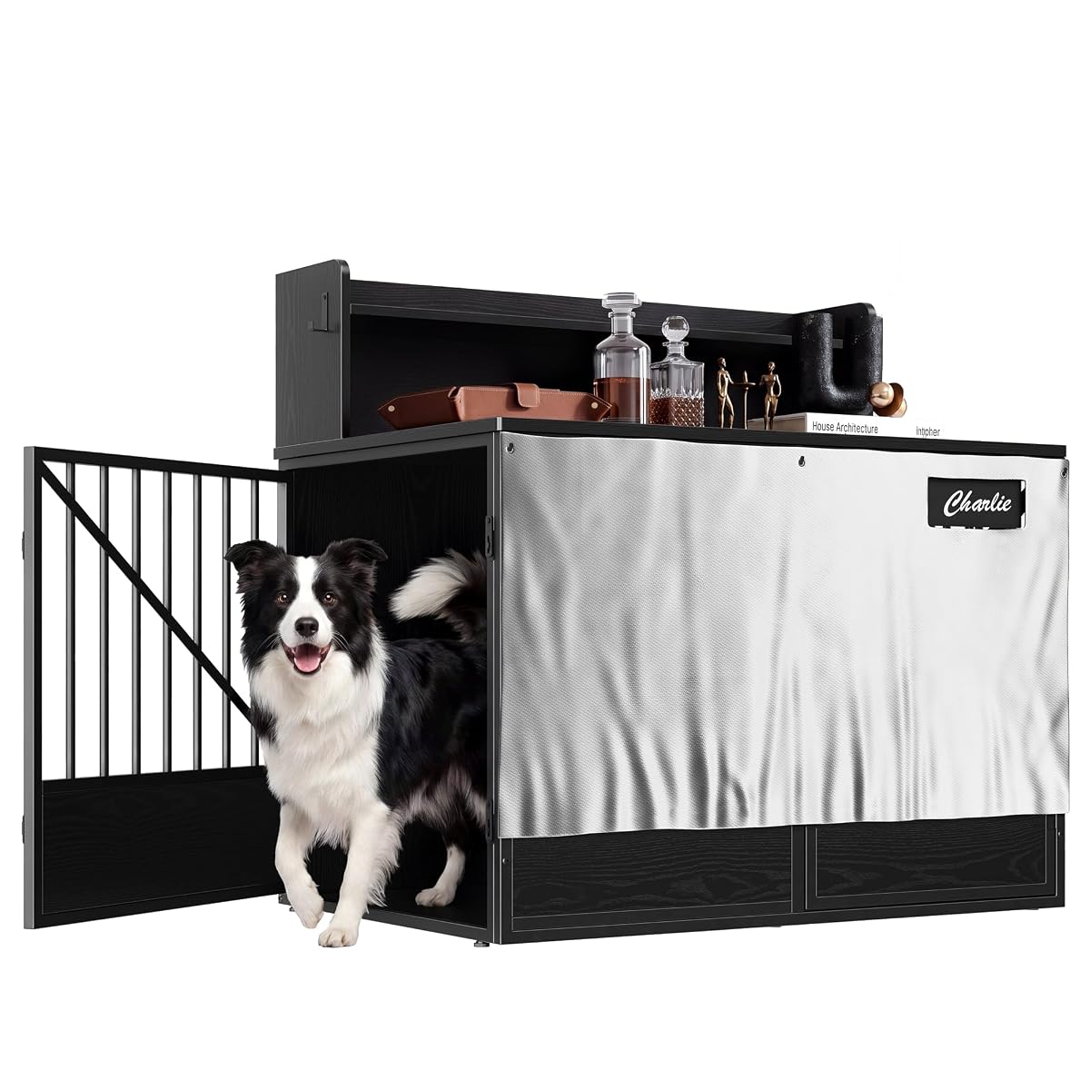 43.3" Dog Crate Furniture with Sunshade and Storage