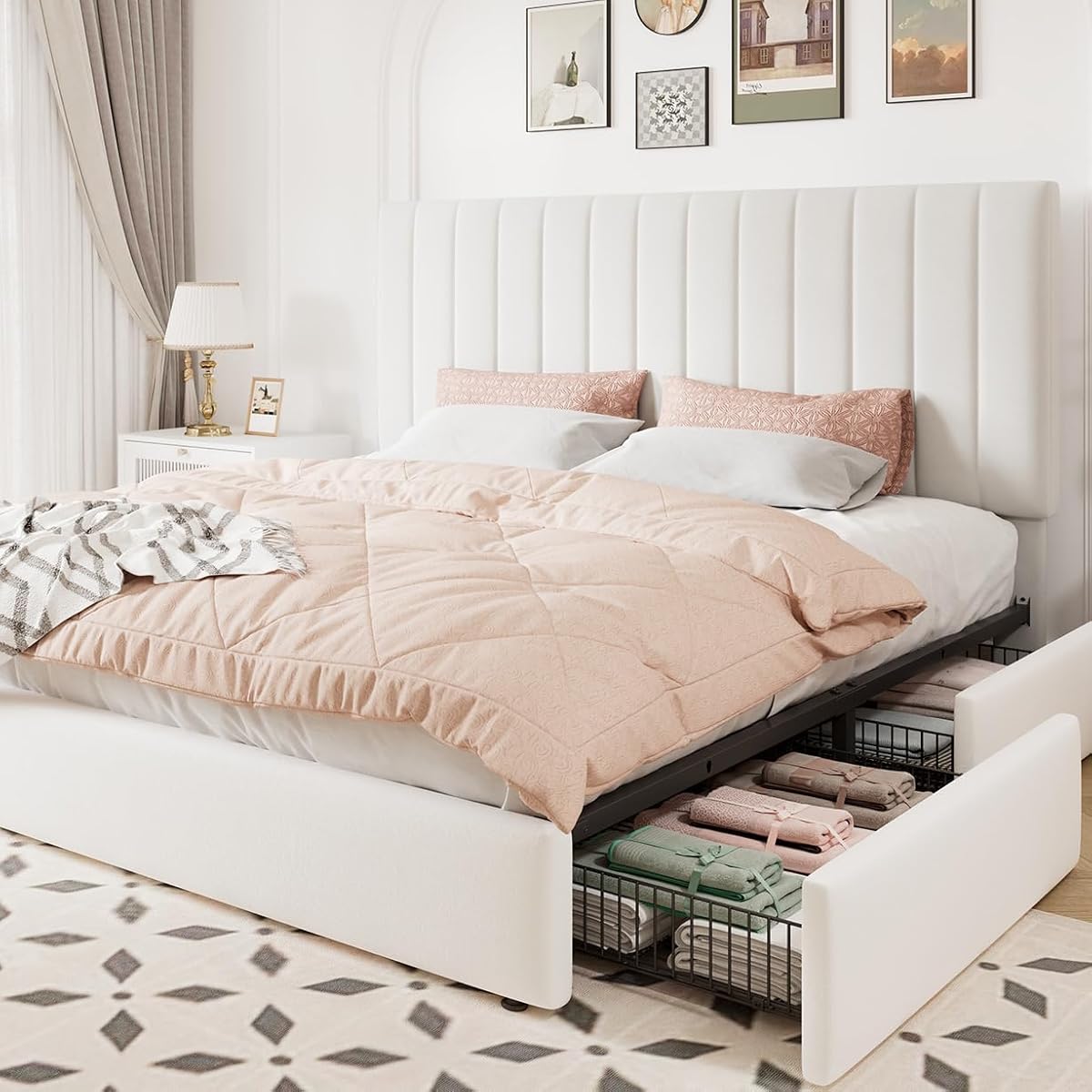 King Size Storage Bed Frame, Vertical Channel Tufted Adjustable Headboard