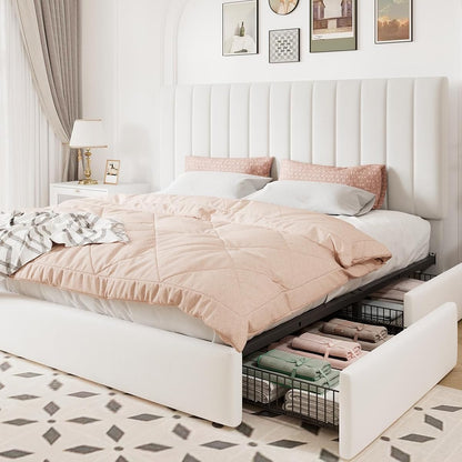 King Size Storage Bed Frame, Vertical Channel Tufted Adjustable Headboard