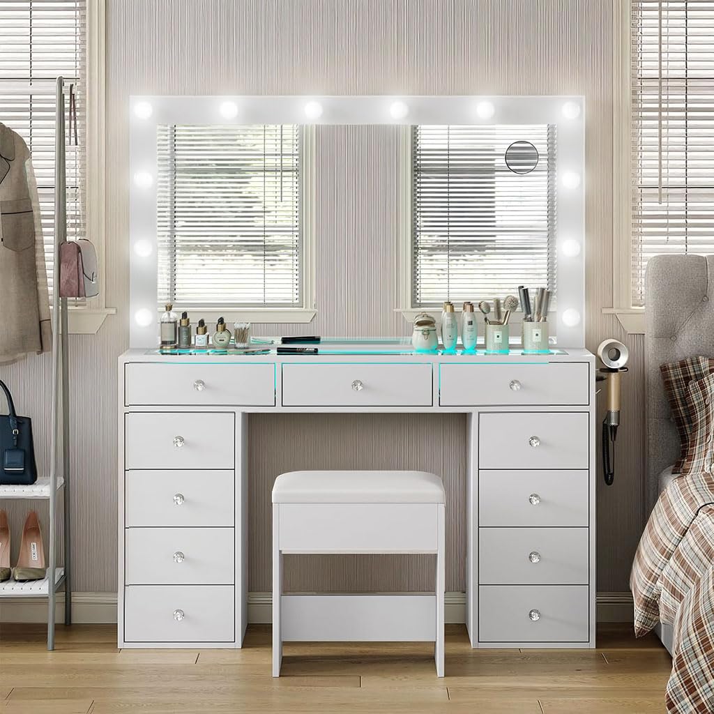 Vanity Desk with Mirror, Makeup Table with Power Outlet and 11 Lights, Set 3 Lighting with RGB Drawers, Vanity Table with 11 Drawers and Cushioned Stool for Bedroom, Dressing Room (White)