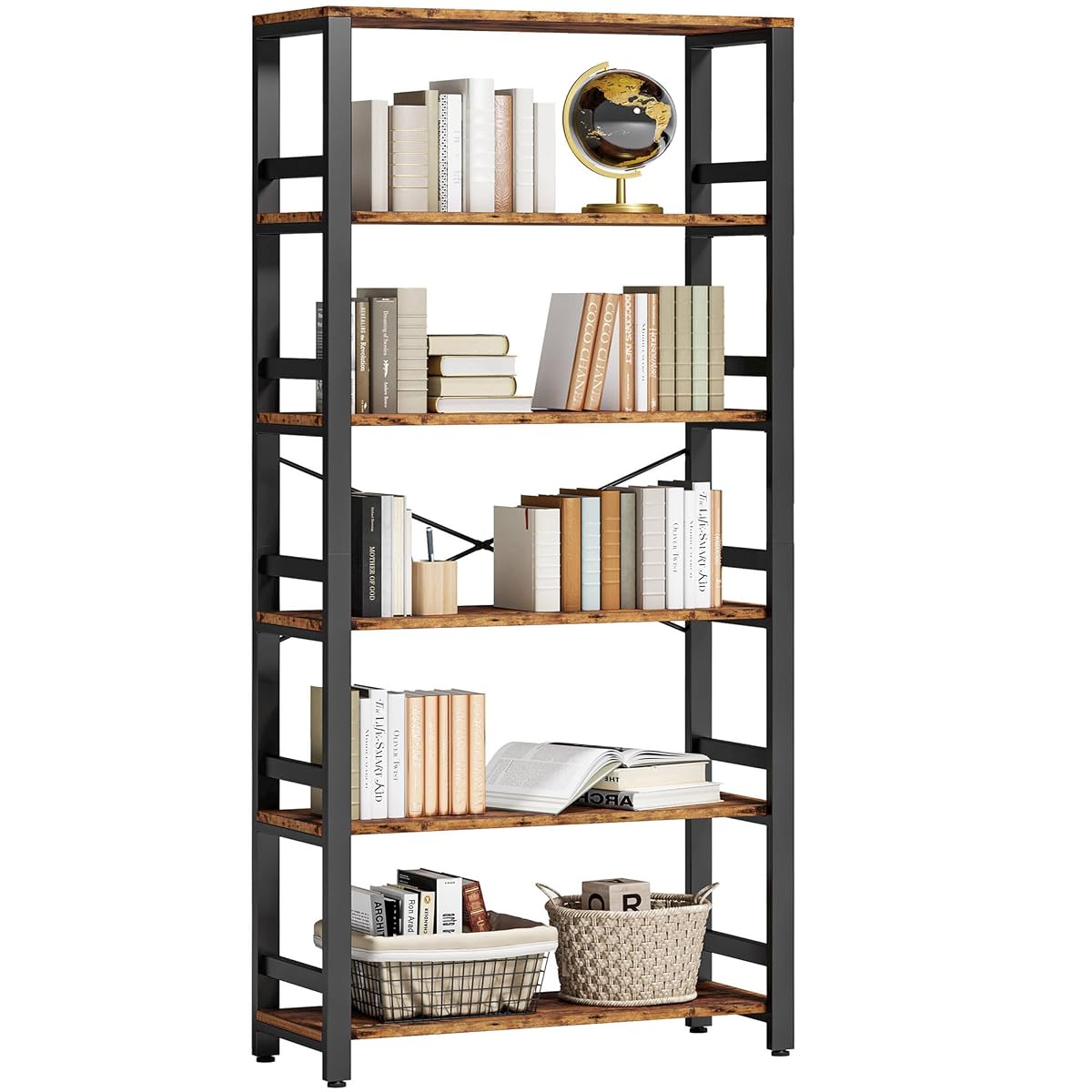 Bookshelf, 31.5in Wide Shelf 6 Tier Bookcase, 110lbs/shelf Vintage Industrial Style Bookshelves for Bedroom, Living Room and Home Office, Vintage Brown