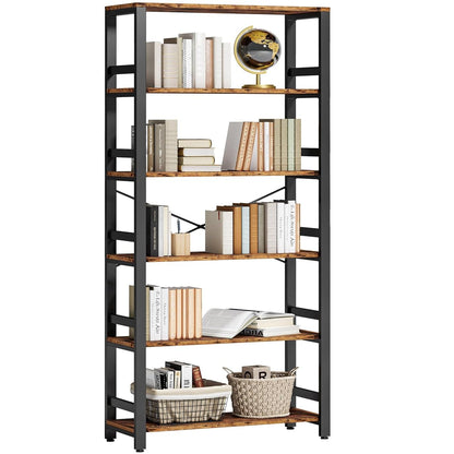 Bookshelf, 31.5in Wide Shelf 6 Tier Bookcase, 110lbs/shelf Vintage Industrial Style Bookshelves for Bedroom, Living Room and Home Office, Vintage Brown