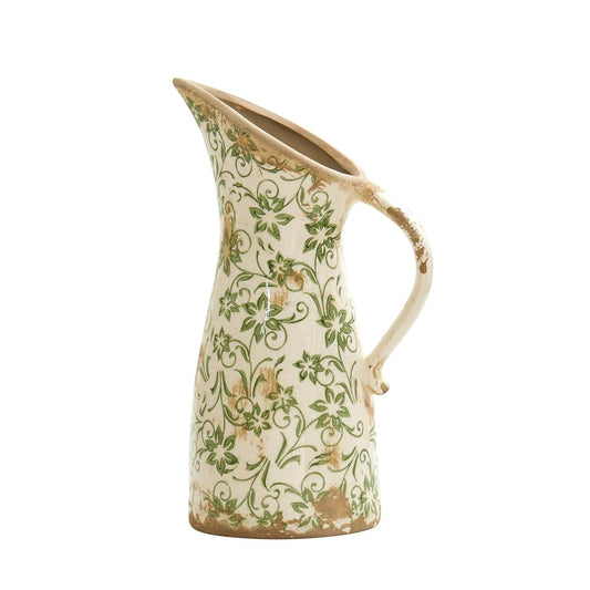 Tuscan ceramic pitcher vase with green scroll design