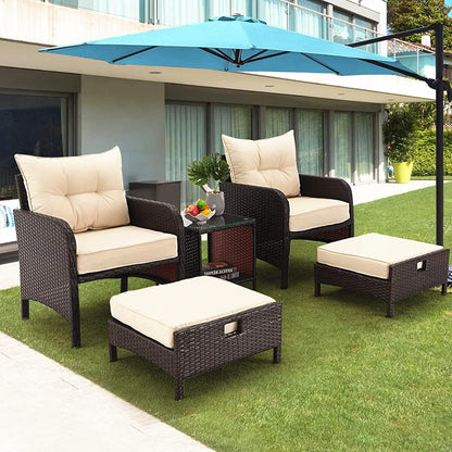 5 Pieces Patio Furniture Set, Outdoor Rattan Chairs with Tempered Glass Coffee Table, Ottomans & Soft Cushions, Wicker Conversation Bistro Set for Garden, Deck, Balcony, Poolside(Khaki)
