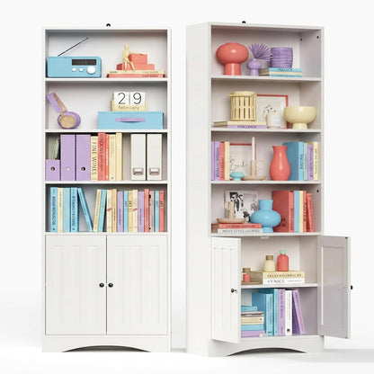 Bookshelves and Bookcases with Doors, 6-Shelf Bookcase, Floor Standing Display Storage Shelves, 71” Tall Bookcase, with Adjustable Shelves, for Home, Office, Living Room, White