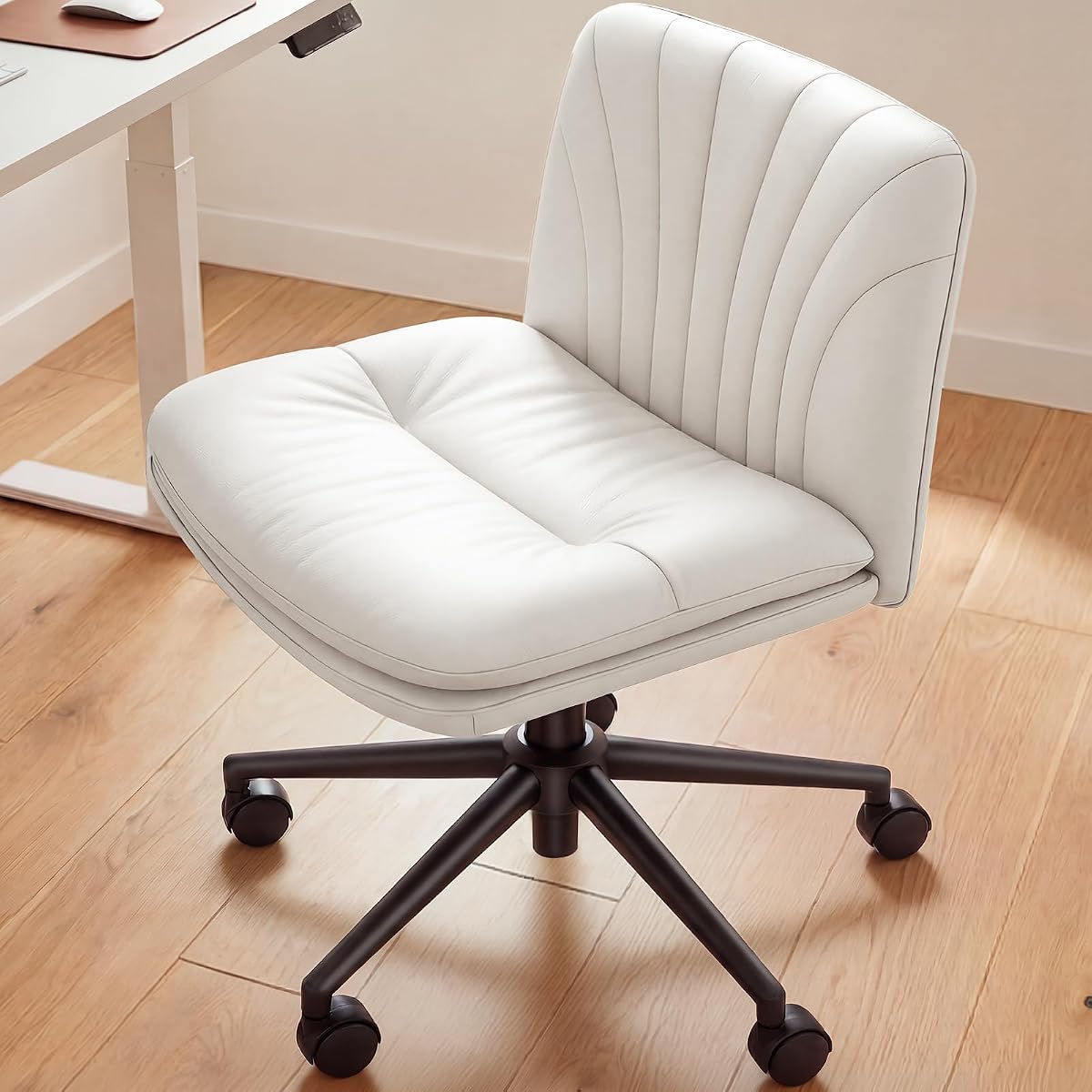 Armless-Office Desk Chair with Wheels: PU Leather Cross Legged Wide Chair